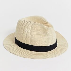 ASOS Festival Straw Fedora in Beige With Black Band Beach Pool Summer Hat M New